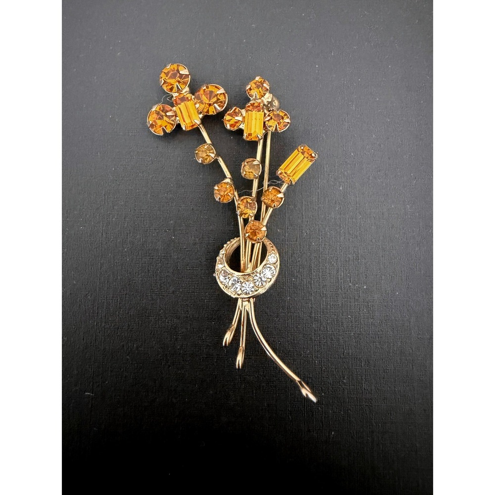 Vintage Gold Tone Amber Rhinestone Flower Bouquet Brooch Spray Pin Clear Accents